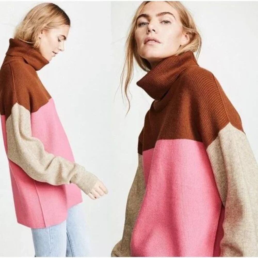 Free People Softly Structured Colorblock Turtleneck Knit Sweater in Candy Pop